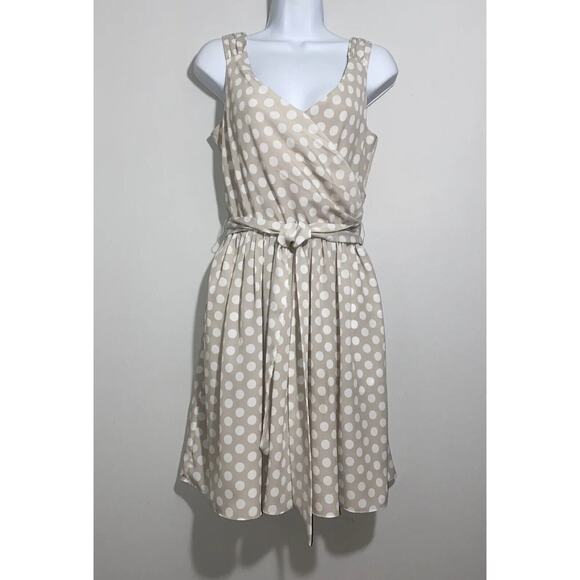 EUC Express Size 8 Champagne Polka Dot Satin Lined Fit & Flare Dress W/Pockets - Picture 2 of 16